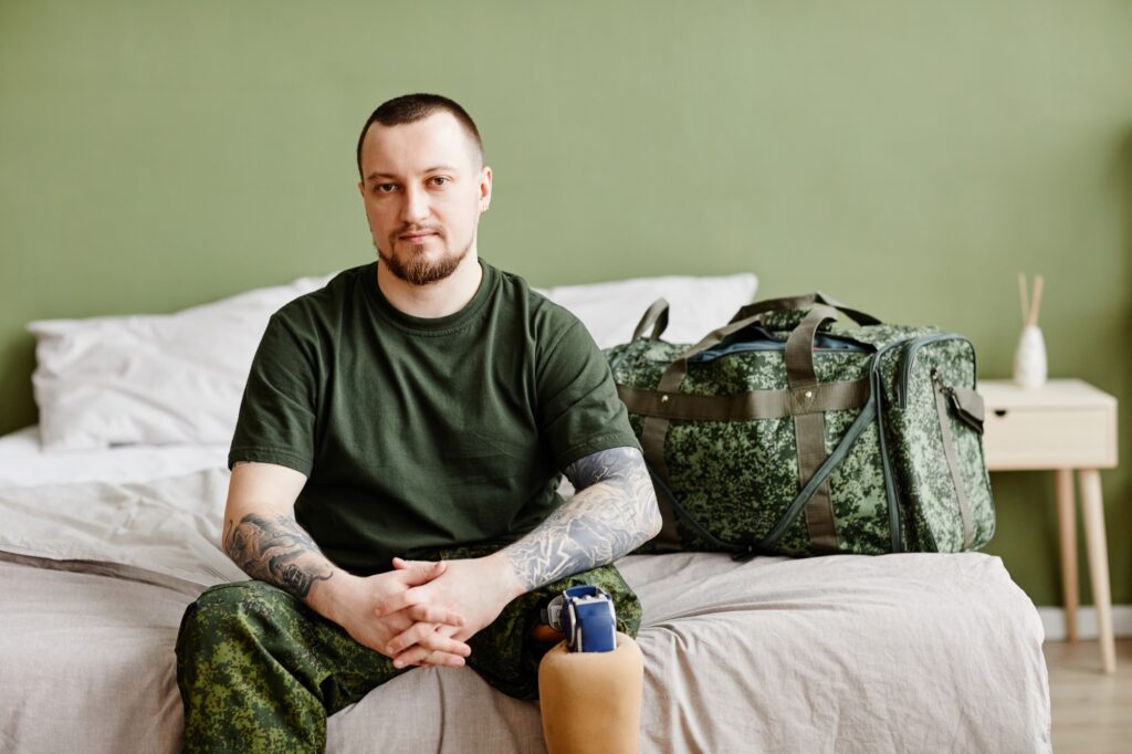 Portrait of military veteran with prosthetic leg